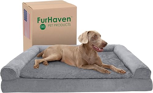 Miniatura 31 de Furhaven Cama para perro, espuma de gel refrescante, de pelo sintético y terciopelo, estilo sofá, color gris humo, talla L Almondine,Café,Crema,Dark