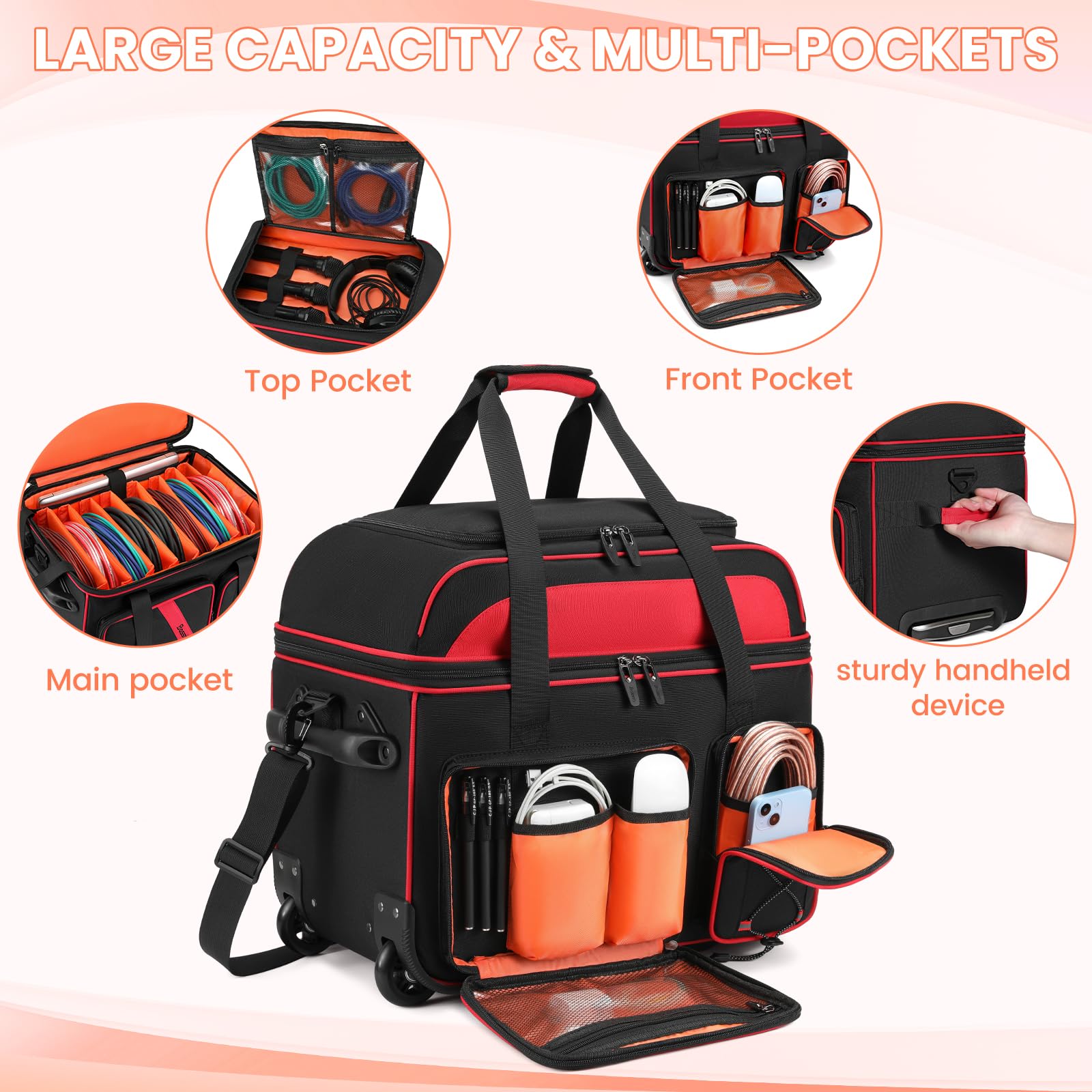 BOSSTIN Rolling DJ Cable Bag with Wheels - DJ Gig Bag Case for Equipment with 15.6" Laptop Compartment, Padded Detachable Dividers, Multi-Pocket Travel Storage for Music Gear & Accessories - Image 4