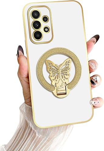 nancheng Cute Phone Case for Samsung Galaxy A23 5G 6.6-inch, with Butterfly Kickstand Design for Girls Women Trendy Shockproof Protective Cover - White