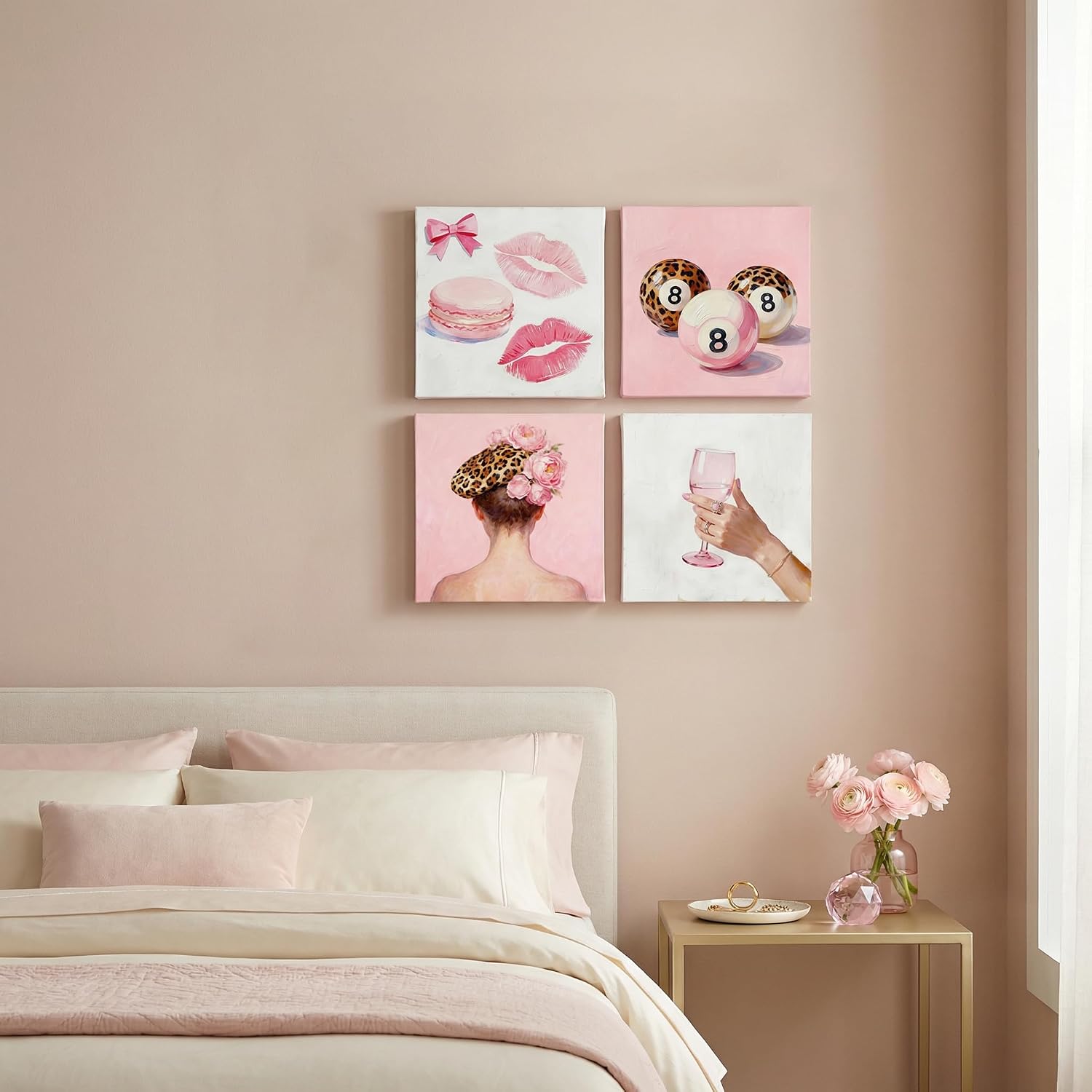 Artiluxy Pink Aesthetic Wall Art Set of 4, 12x12in Girly Decor