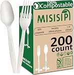 MISISIPI [7.1In 100Pcs] 100% Compostable Forks and Spoons Biodegradable Forks and Spoons HeavyDuty No Plastic Forks and Spoons Eco-Friendly Heavyweight Disposable Forks and Spoons Flatware Set