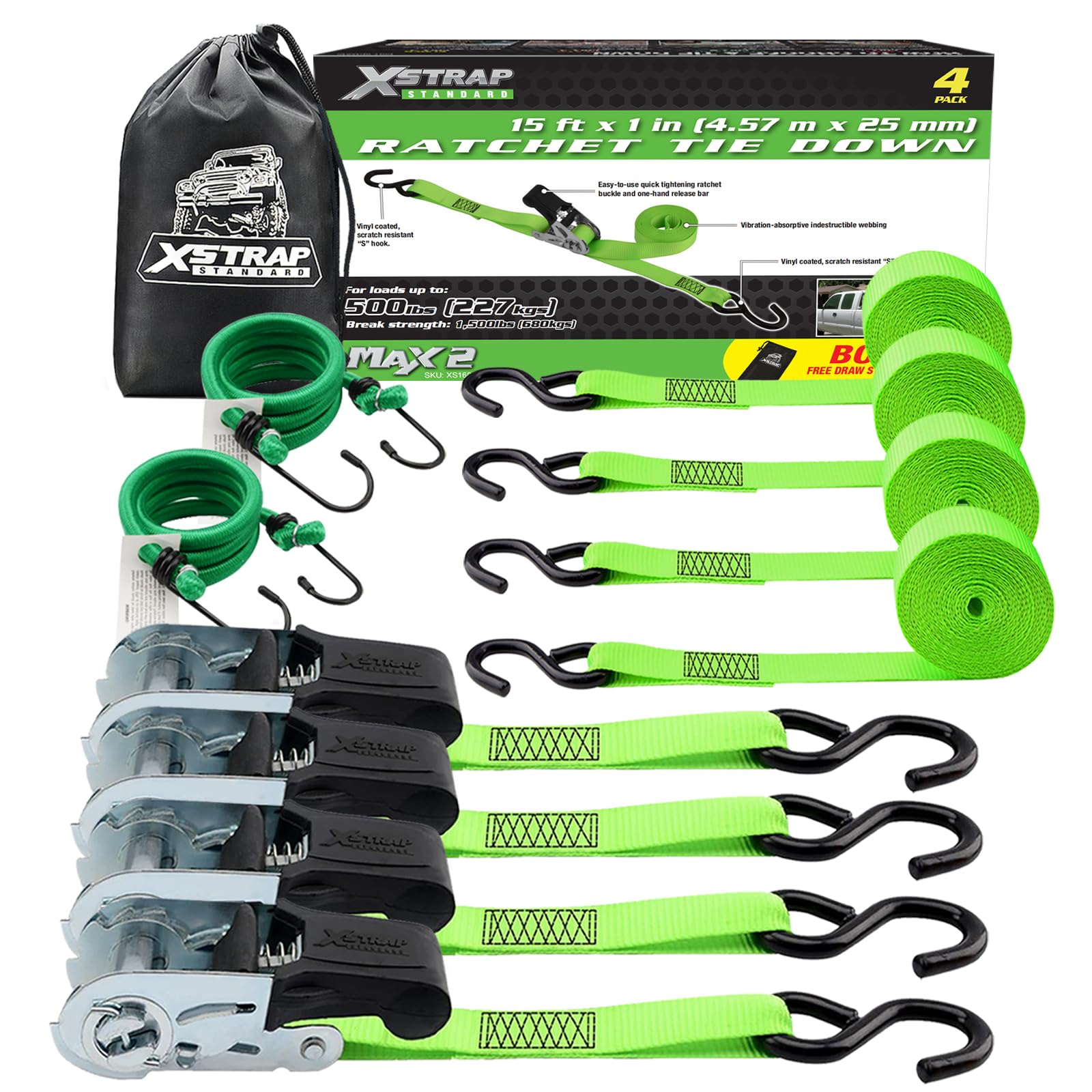 XSTRAP STANDARD Ratchet Tie Down Straps 4Pk 15Ft 1500Lb Break Strength, Cargo Straps for Moving Appliances, Lawn Equipment, Motorcycle, Includes 2 Bungee Cord
