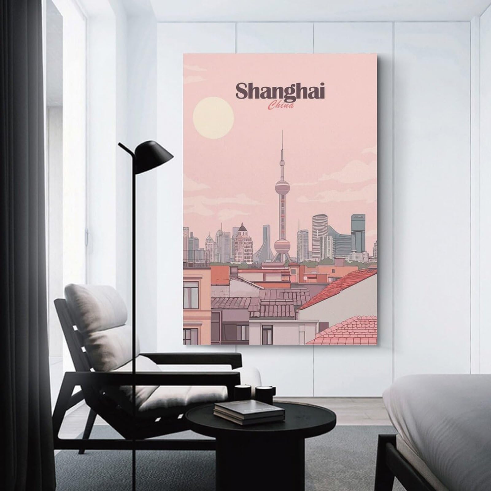 Junmoney Shanghai China Cityscape Illustration(2) Room Decor Wall Art, 20x30inch(50x75cm), for Bedroom, Guest Room Or Reading Nook, Home Artwork with A Soft Interior Feel