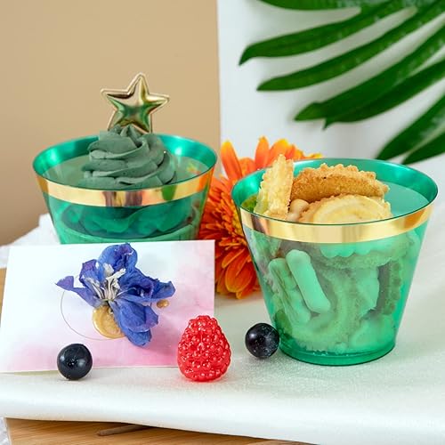 Miniatura 4 de LUODA 150 vasos de plástico verdes, vasos desechables de 9 onzas con borde dorado, vasos de plástico con borde dorado, vasos de plástico con borde