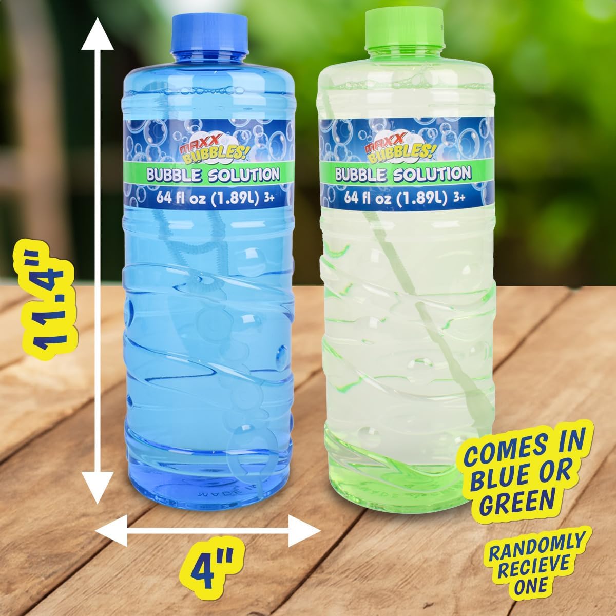 Sunny Days Entertainment Bubble Solution Refill with Wand 64oz Non Toxic Dye Free (1/2 Gallon), Kids Easy Grip Bottle Refill for Bubble Machine, Bubble Wands, Bubble Toys, Blue or Green Bottle