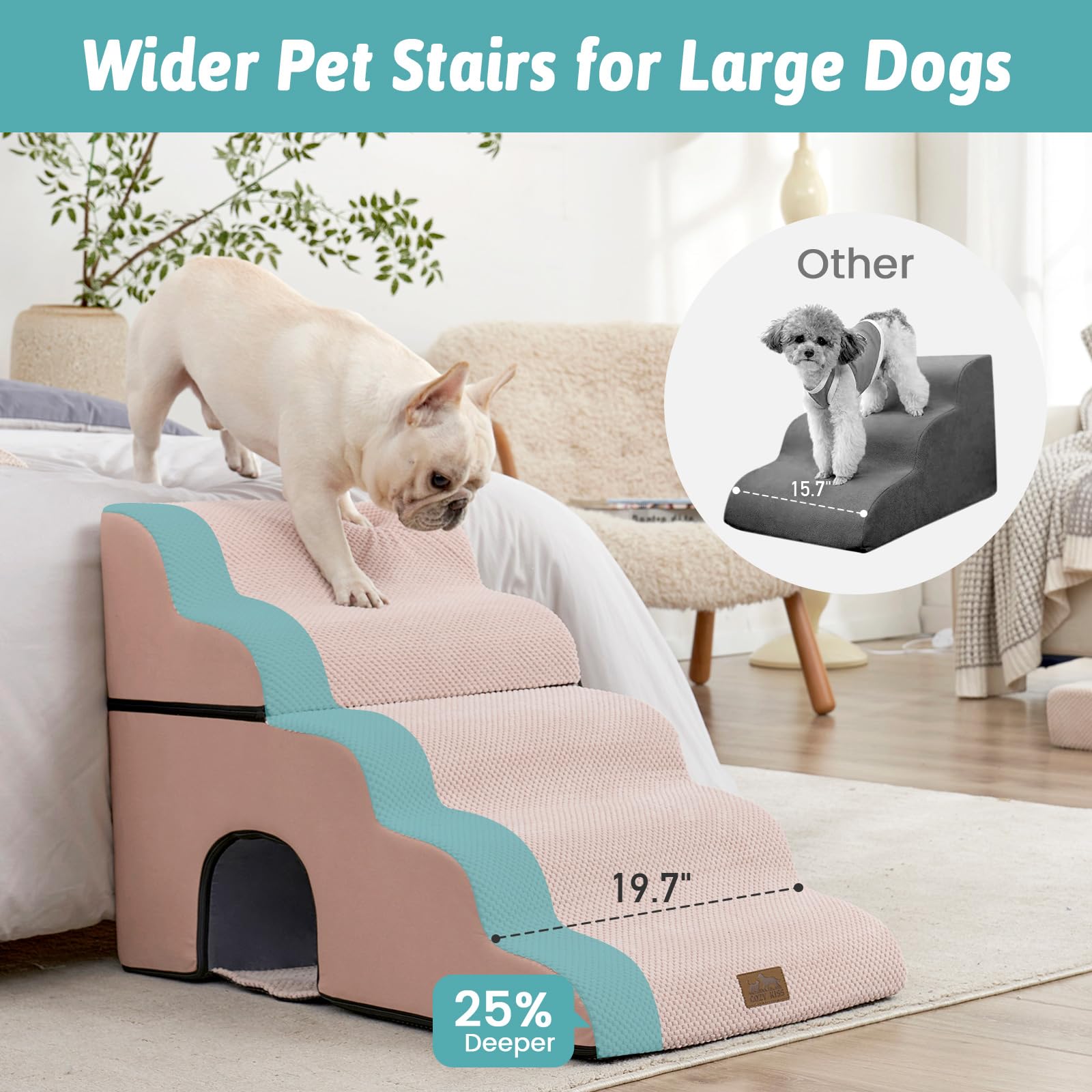 COZY KISS Scaletta larga per cani con tunnel, in schiuma, staccabile, per cani di taglia piccola, cuccioli o gatti, rampa media per animali domestici, per letto alto, divano, divano o auto, 50 x 83,8
