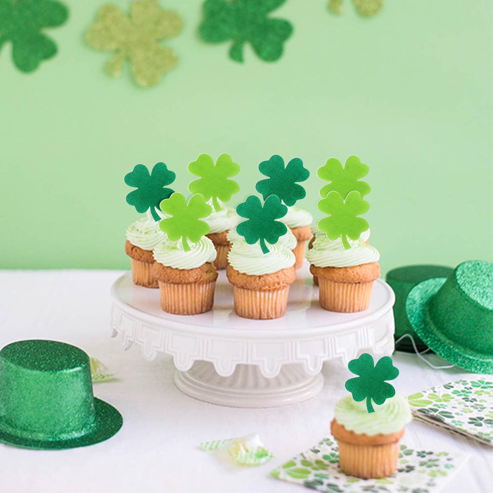 SYKYCTCY 40 Pack Edible St. Patricks Day Cupcake Toppers Wafer Paper Four Leaf Clover Shamrock Good Luck Cupcake Picks Saint Patricks Day Cake Decorations Party Supplies - Image 4