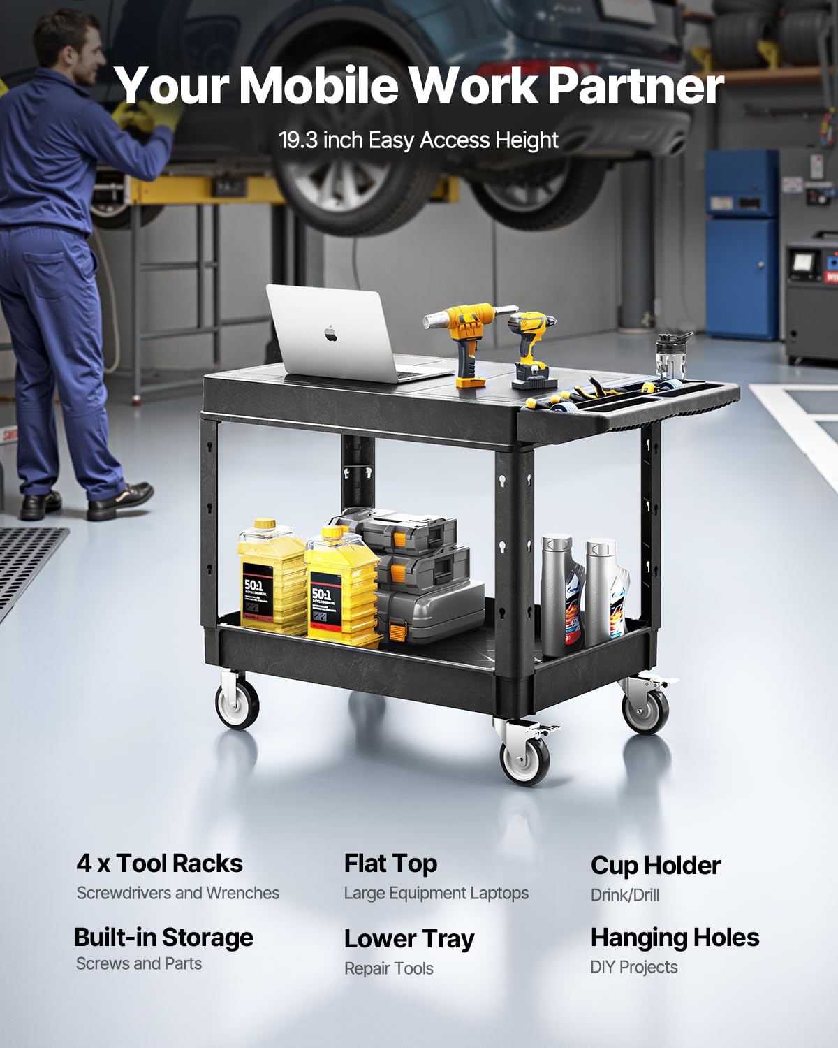 VEVOR Carrello Portaoggetti in Plastica Resistente a Due Ripiani con Ruote Girevoli a 360° Carrello di Servizio da 940 x 645 mm Capacità di Carico di 250 kg Adatto per Magazzino, Garage, Pulizia