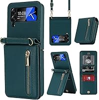 Vista 11 de Funda de lujo con cremallera para Samsung Galaxy Z Flip 4, con función atril, tarjetero ajustable, correa cruzada ajustable, funda con tapa a