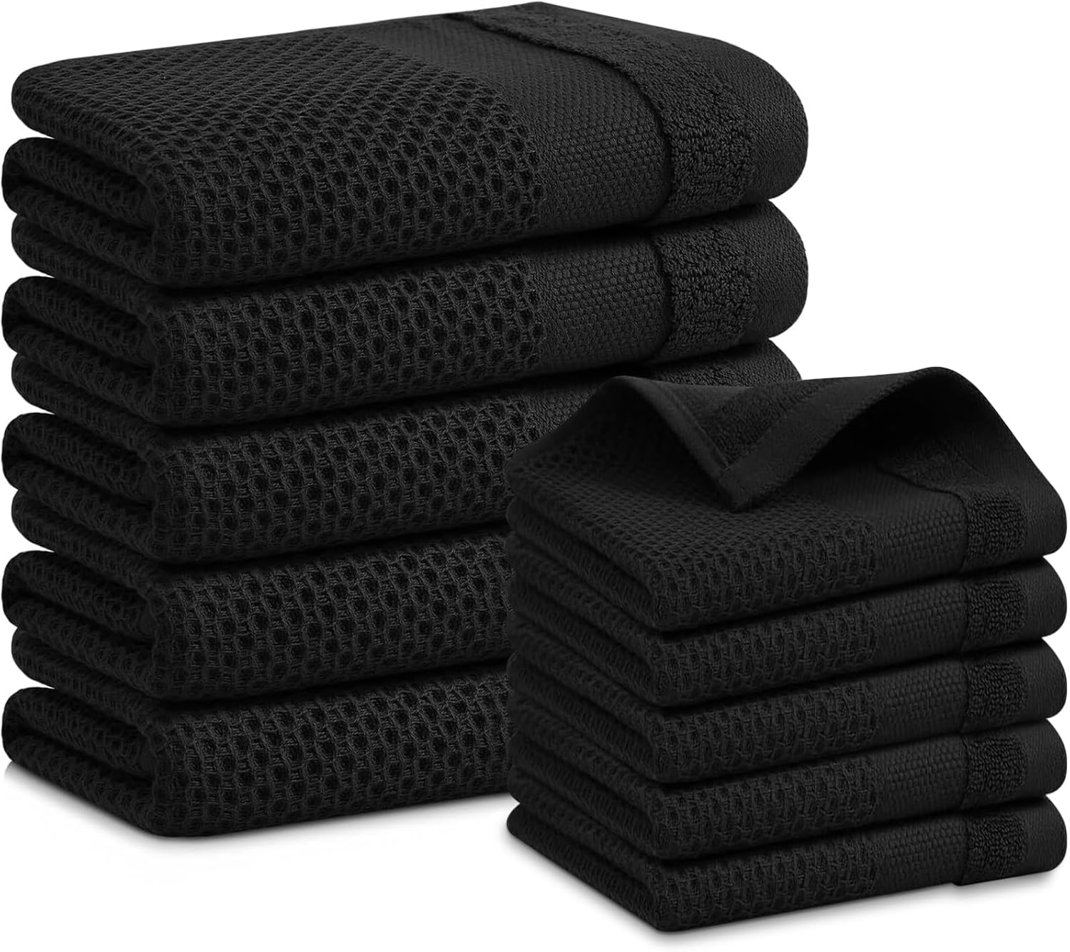 Homaxy Kitchen Towels and Dishcloths Set, 12 x 12 and 13 x 28 Inches, Set of 10 100% Cotton Waffle Weave Kitchen Towels, Super Soft and Absorbent Dish Cloths, Black