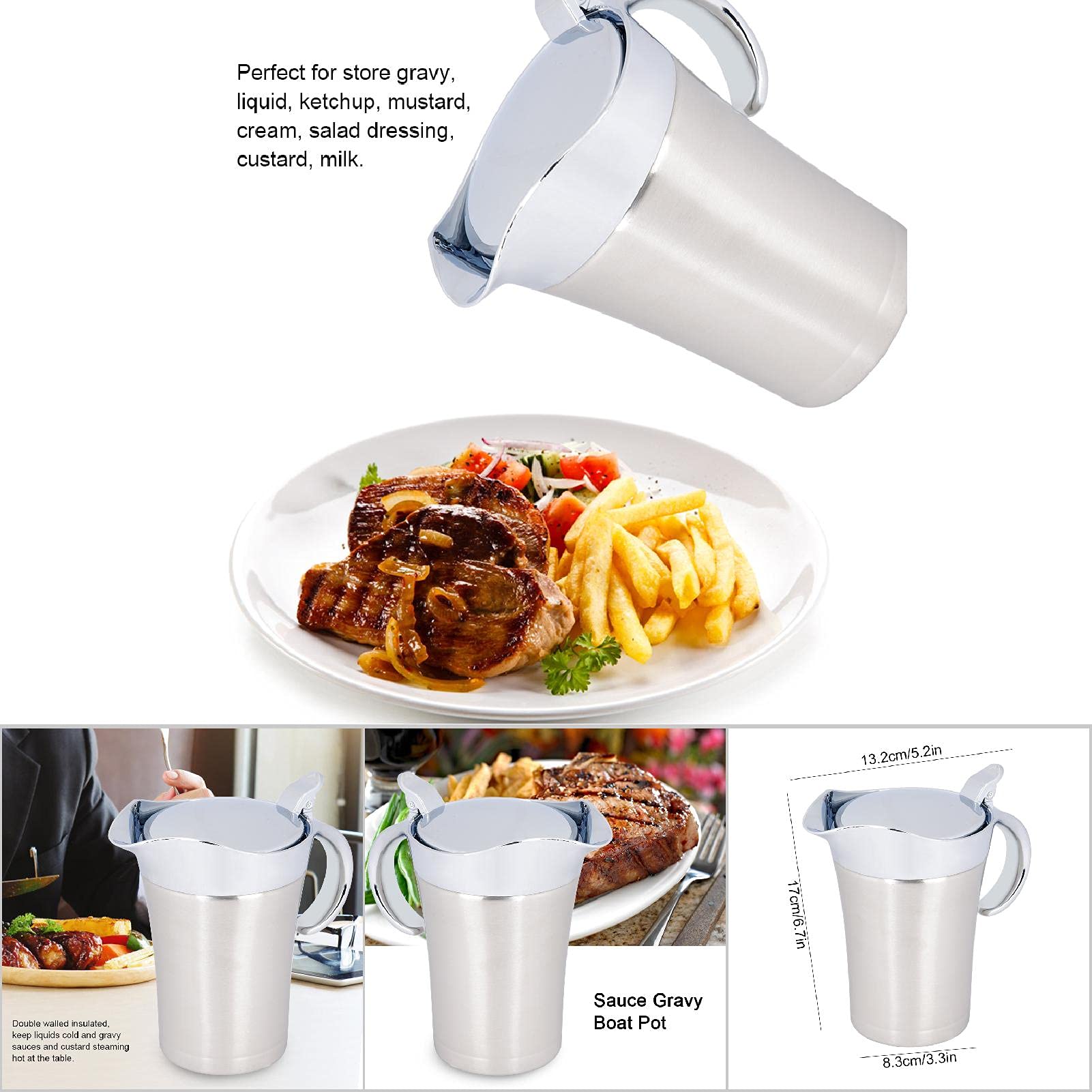 Salsiera Termica In Acciaio Inox 450ml Con Coperchio Pieghevole A Pulsante - Brocca Per Salsa Isolata Per Cene E Feste