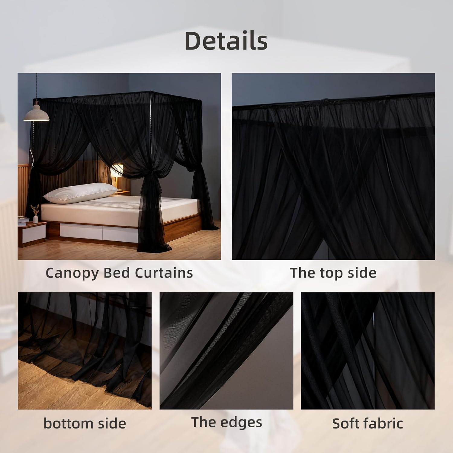 lazyzzz Bed Canopy, Black Canopy Bed Curtains Bed Drapes Mosquito Net for Queen Size Bed, Bedroom Decor Drapes Patio Indoor Outdoor Room Decor Mosquito Netting