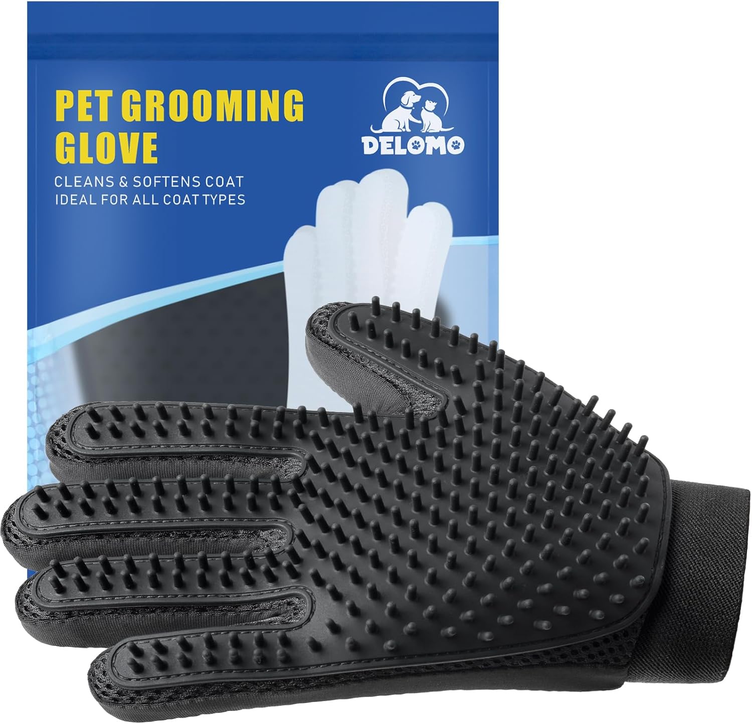 DELOMO Pet Hair Remover Glove: Deshedding Grooming Brush Mitt for Dogs & Cats, Long/Short Fur, Right-Hand Black