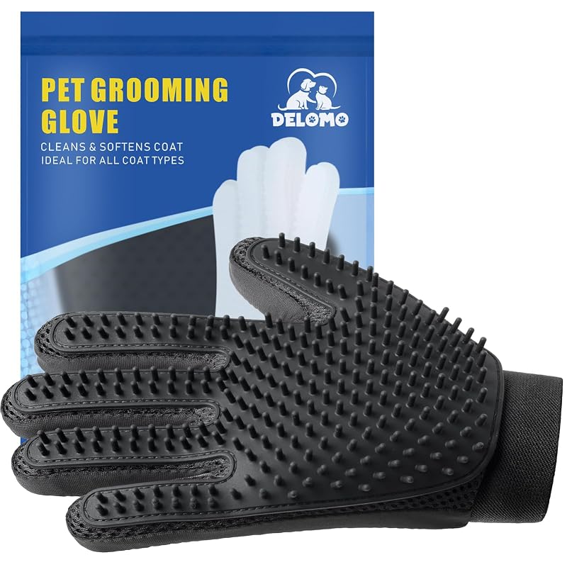 Luva para Remoção de Pelos de Cães e Gatos DELOMO com 255 Pontas de Silicone, Mão Direita, Preta