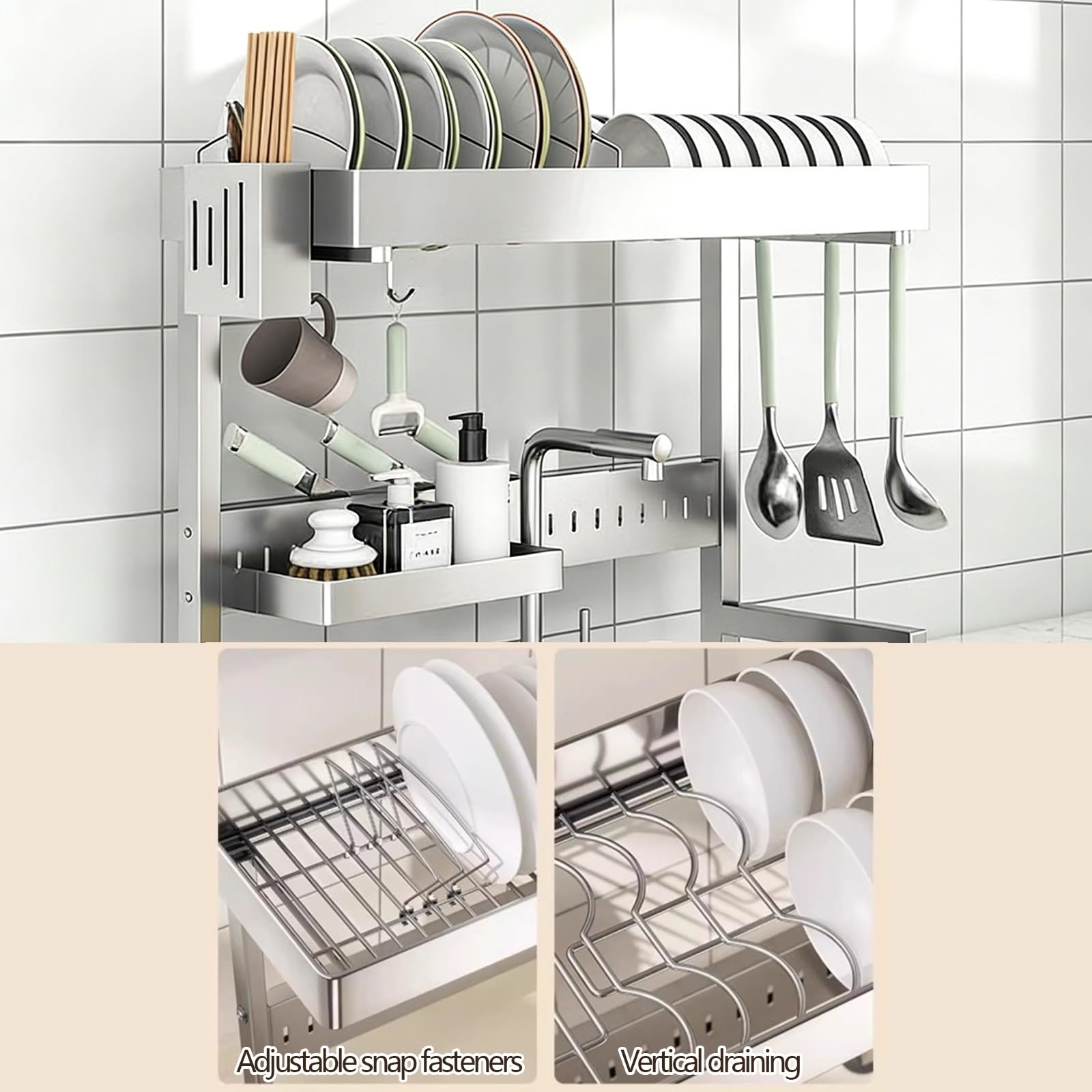 Escurreplatos de cocina ajustable de acero inoxidable para encimera que ahorra espacio (55 88 cm, 8,6 y 87,9 cm) para un secado eficiente y nizat