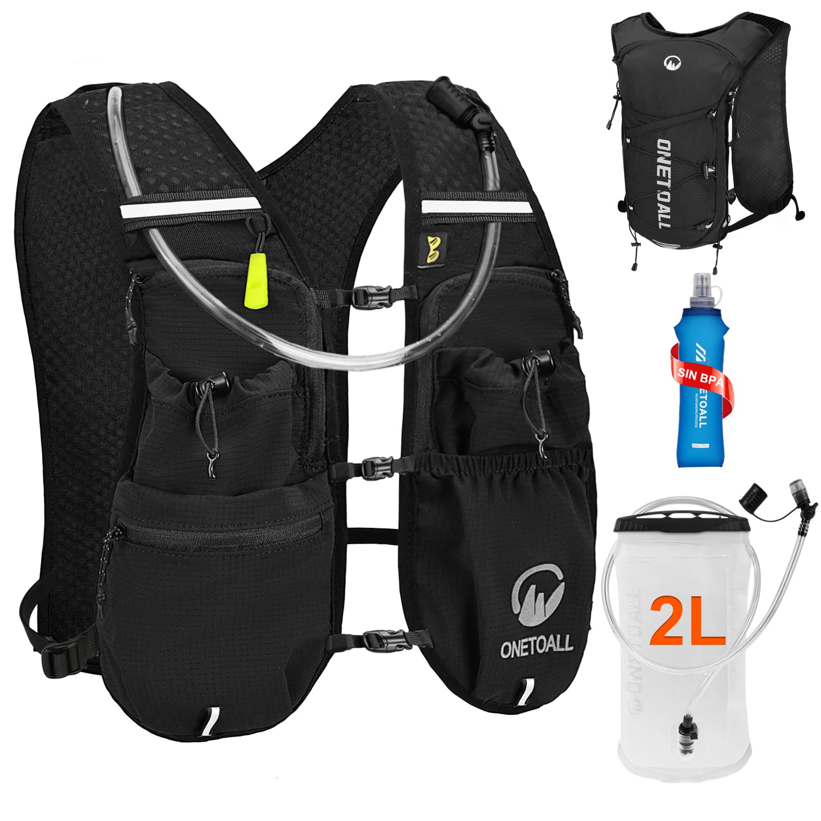 Chaleco Running Hombre Mujer, Running Vest, Ligero Chaleco para Correr, Mochila Hidratacion Trail Bolsilloso con Bolsa Agua 2L o Botella 500ml, Silbato y Reflectante para Ciclismo Senderismo