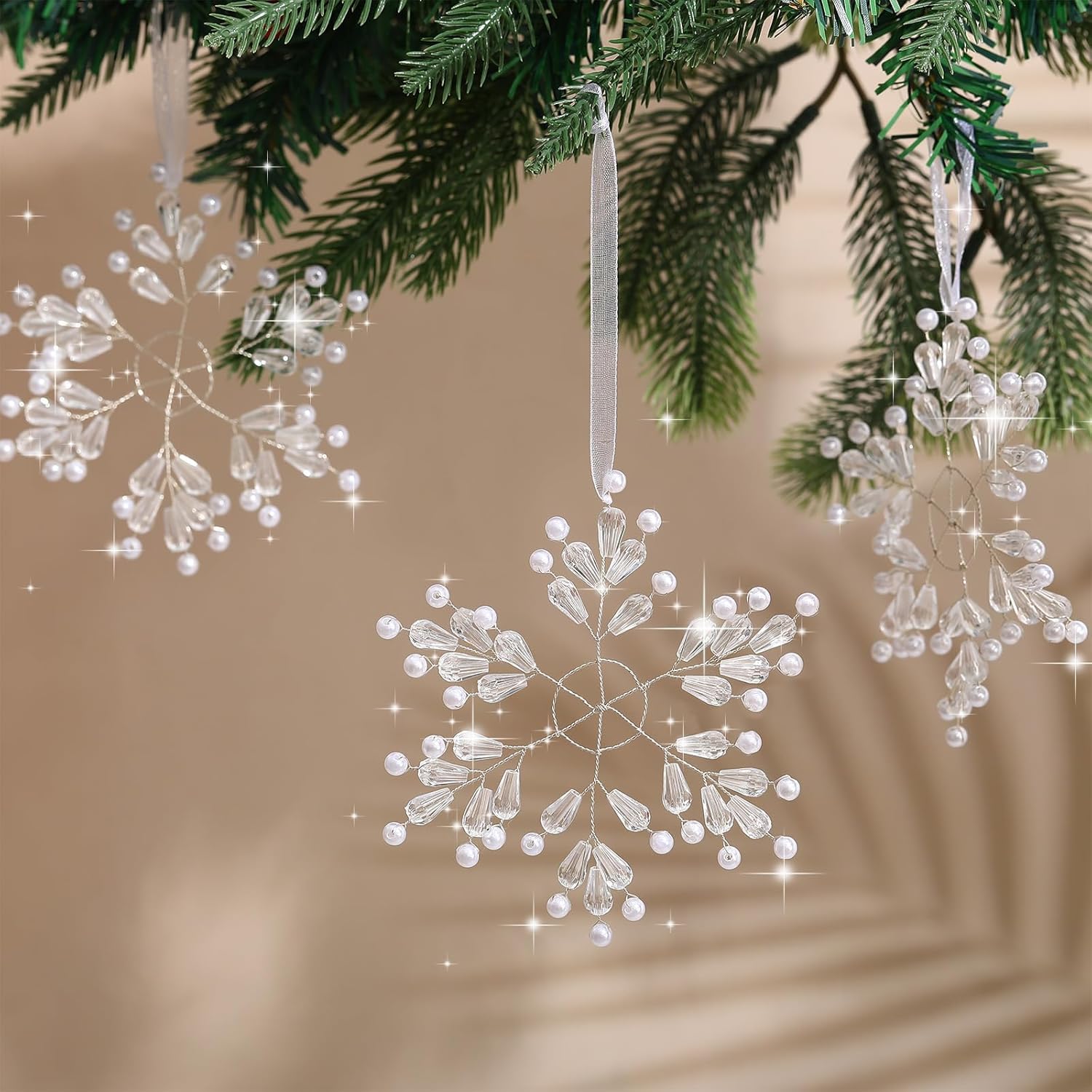 Roowest 12 Pcs Crystal Christmas Snowflake Hanging Ornaments, 4.7 Inch Clear Winter Acrylic Snowflake for Xmas Tree Decorations Ornaments for New Year Party Decor Indoor Outdoor