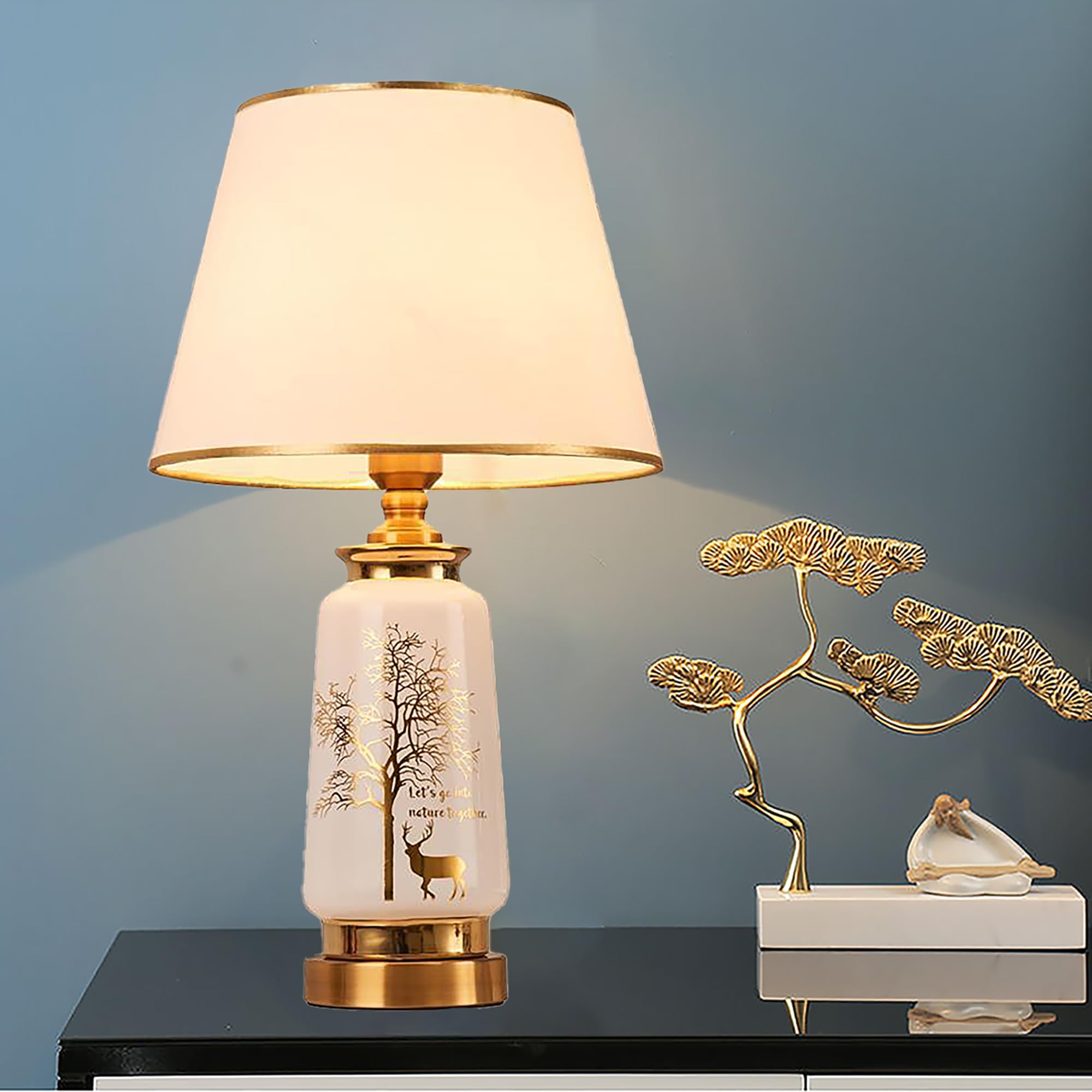 XINYASEE Lampe de table en céramique peinte, lampe de chevet rétro avec abat-jour en tissu,lampe de bureau, llampe à poser pour la chambre à coucher et le salon E27 (Blanc)
