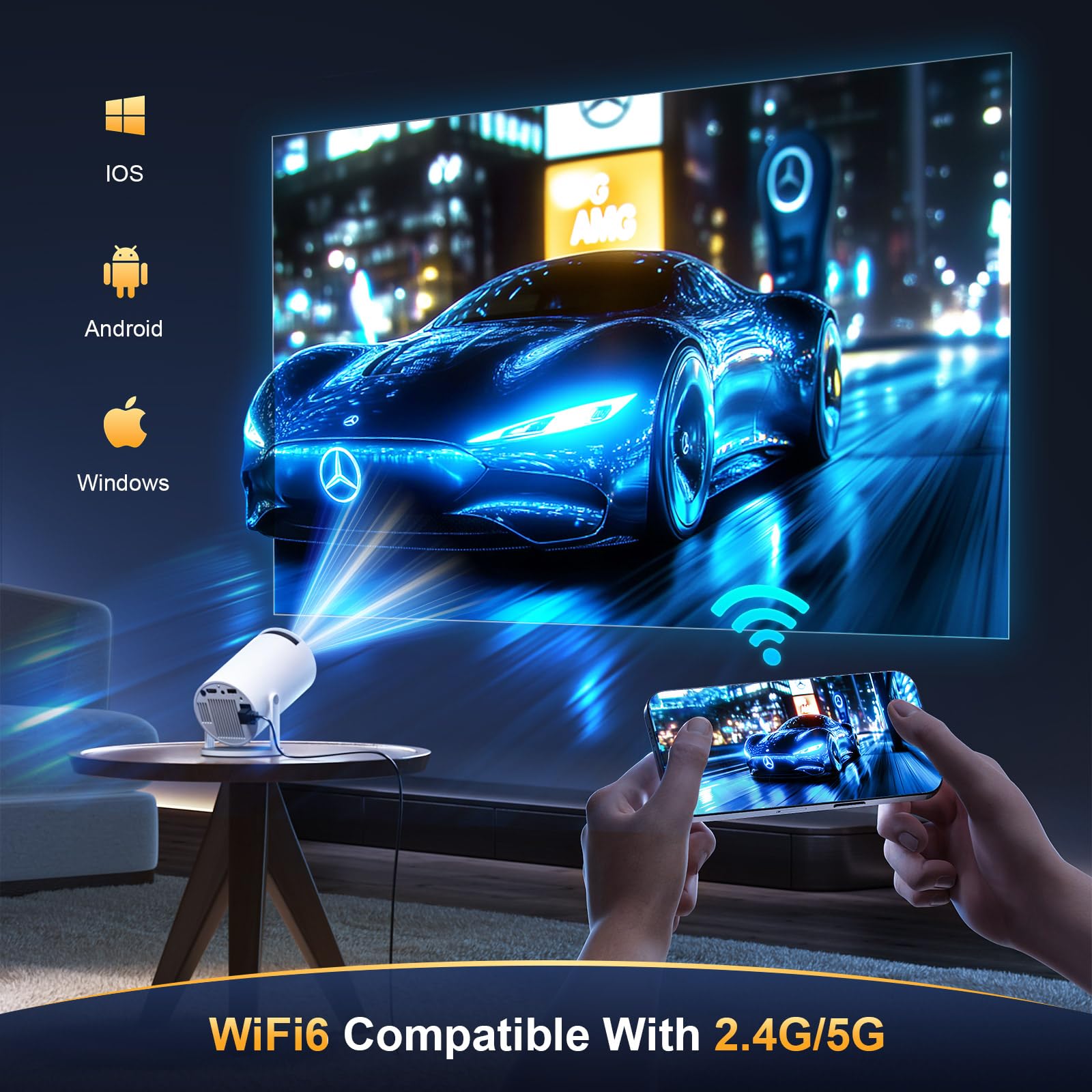 Proiettore 4k Mini Proiettore Portatile, Videoproiettore con WiFi e Bluetooth 5.0, Auto Keystone & Zoom, Altoparlante Stereo, Home Theater Rotazione Di 180° Projector [App integrata], BiancoA