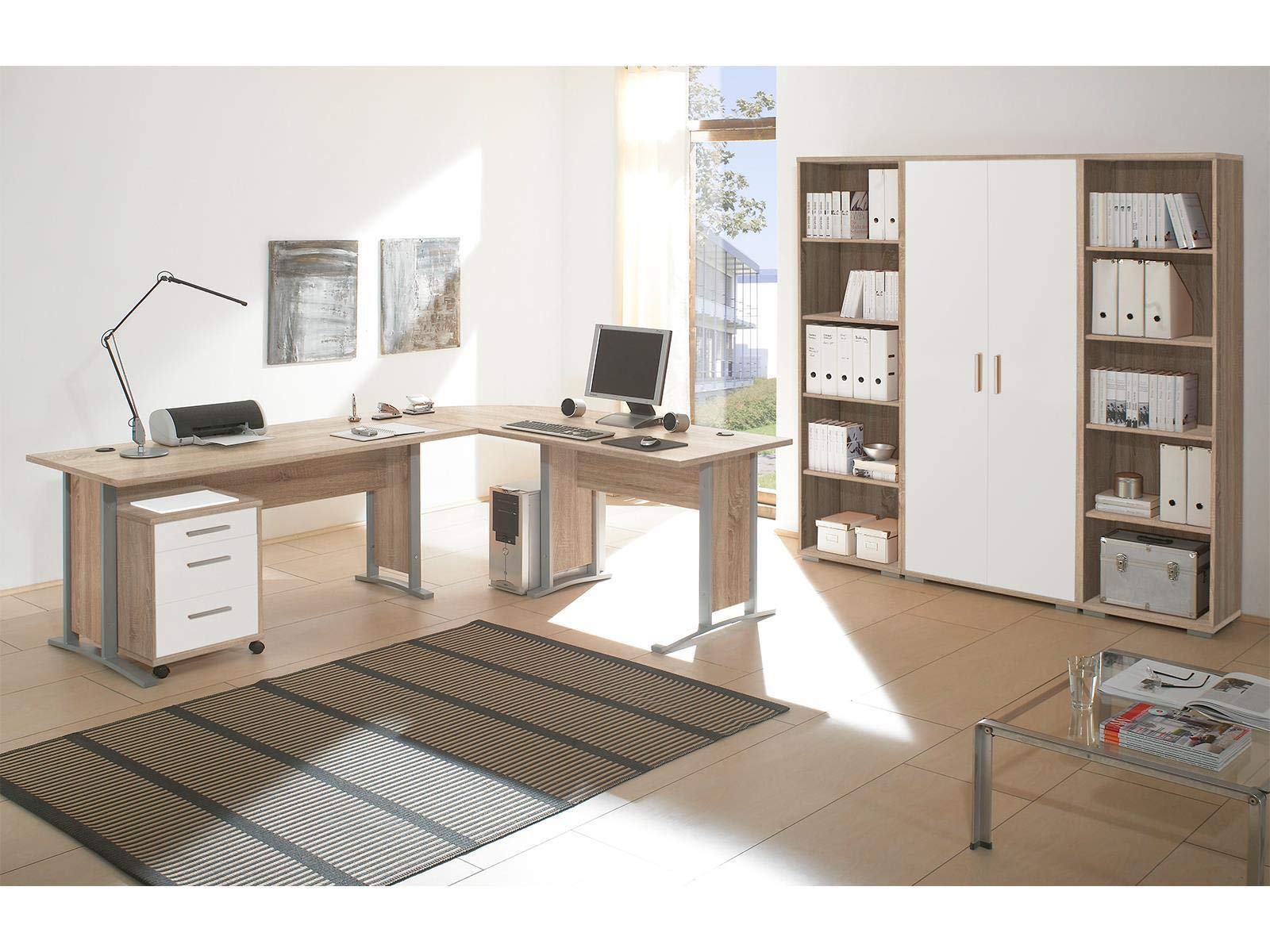möbelando Büro-Set Büroprogramm Bürokombination Büroeinrichtung Komplettset Clermont I Sonoma-Eiche/Weiß