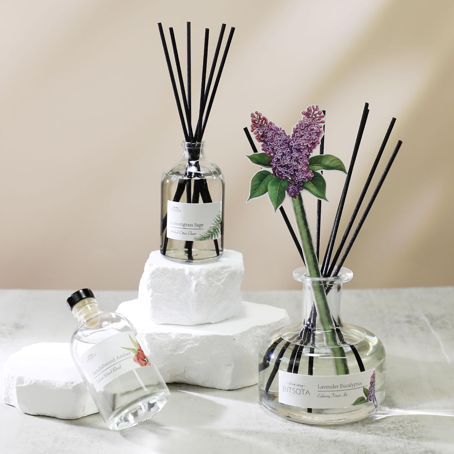 Sandalwood Amber Reed Diffuser Set for Bathroom & Home, Long Lasting Essential Oil Aroma, Glass Bottle Home Fragrance with Sticks, Ideal Gift for Woman, 9.85oz (280ml) - Image 2