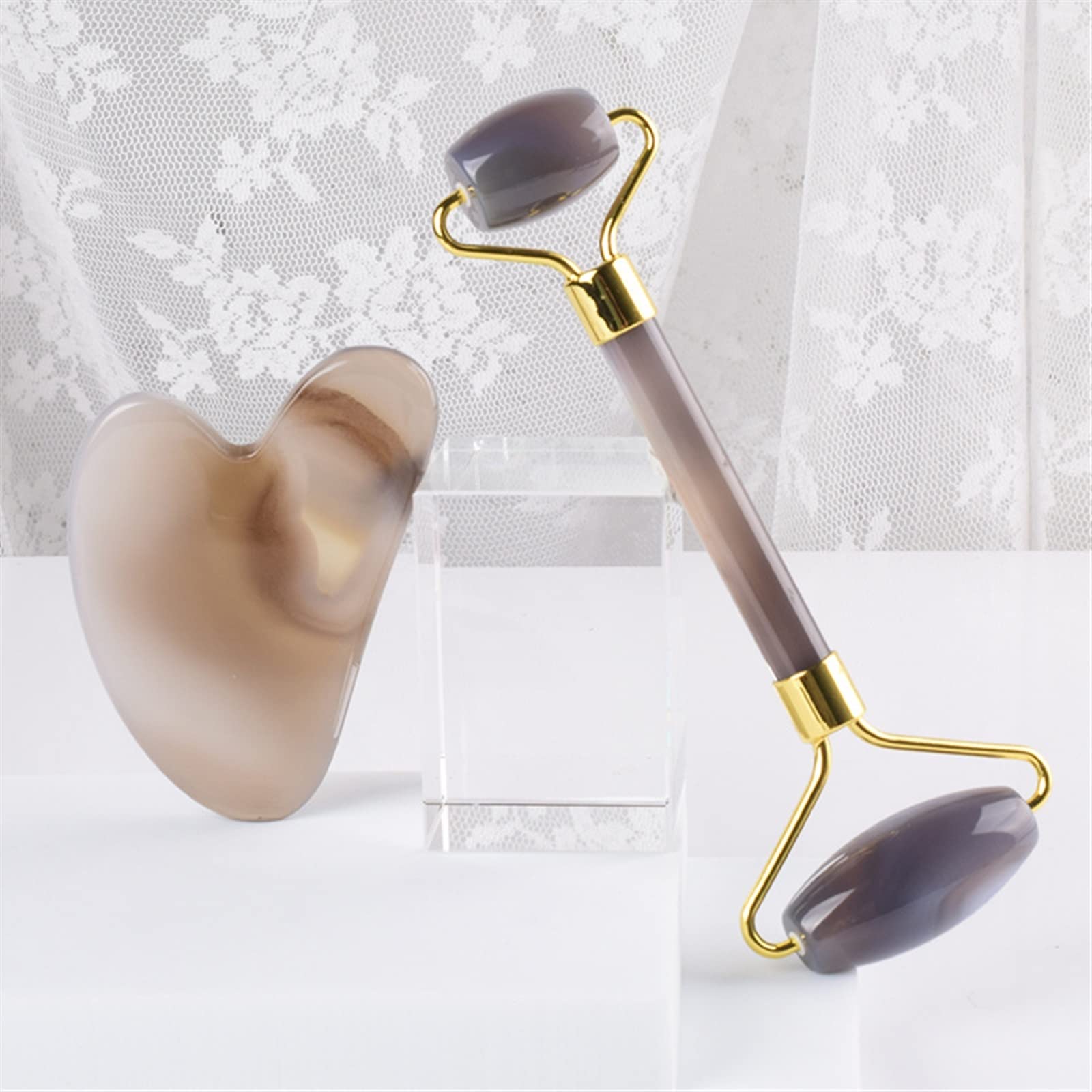 BAWHO Jade Roller Gua Sha Massage Set Natural Agate Gouache Stone Board Anti Aging Face Massager Skin Beauty Care Lifting Tool 1Set