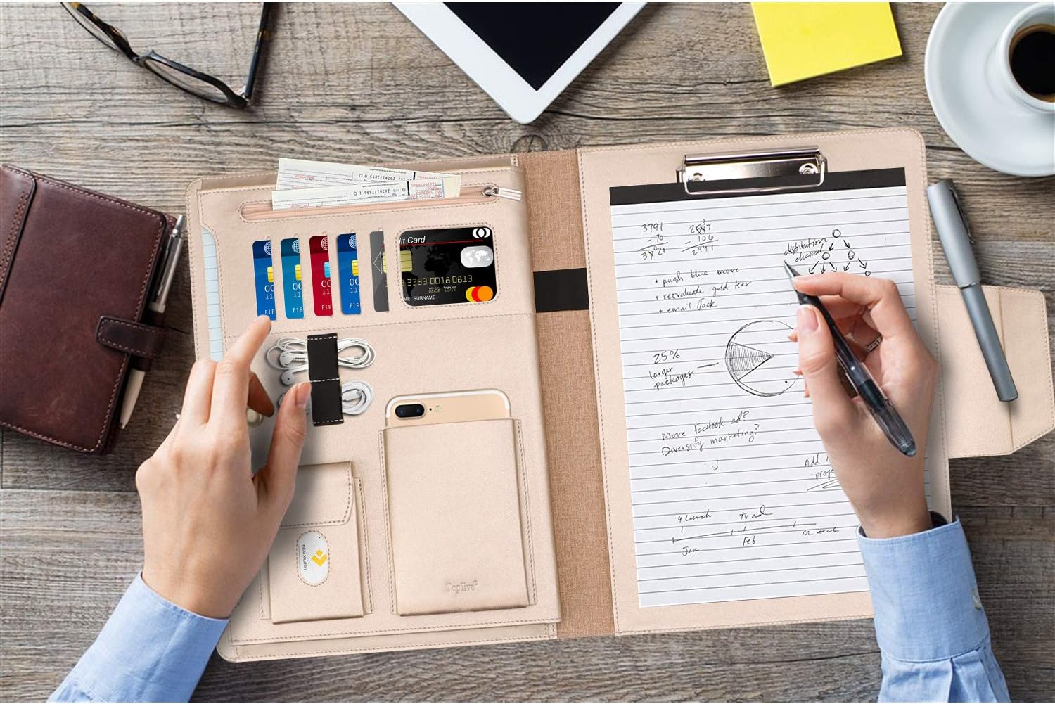 Toplive Padfolio Portfolio Case, Executive Business Padfolio with Document Sleeve, Letter/A4 Size Clipboard, Business Card Holders, Portfolio for Women & Men, Matte Gold - Image 6