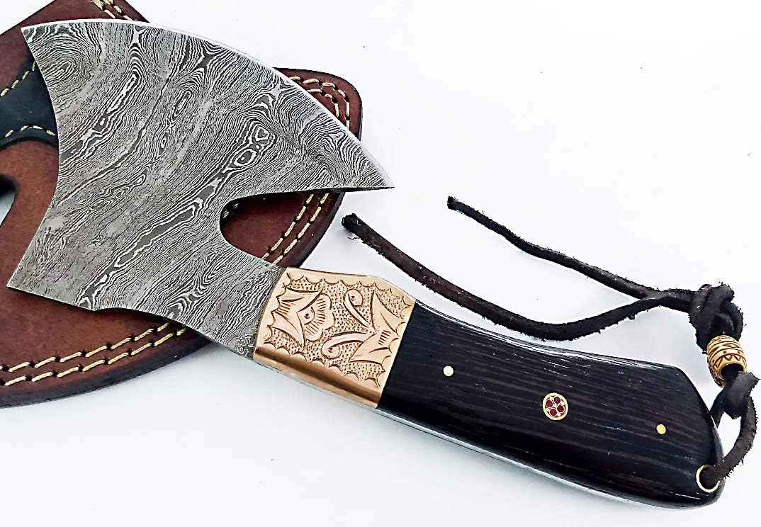 Dessi Handmade Damascus Steel Axe Hatchet Wenge Wood Handle Brass Engraved Bolster Leather Sheath Camping Bushcraft EDC Tomahawk Gift Men SM45