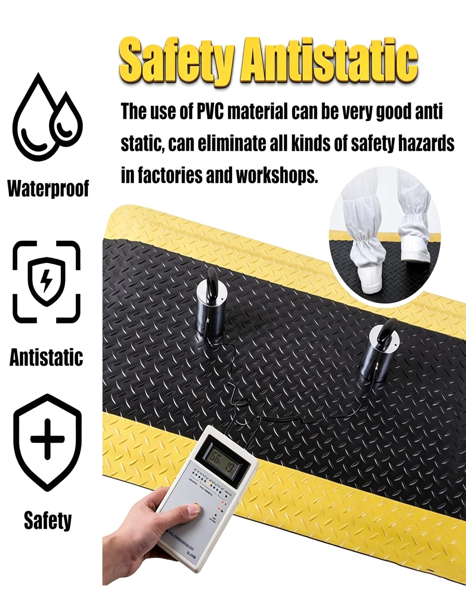 Alfombrilla Antifatiga Industrial 2cm, Diseño Antideslizante | Alivia dolor por estar de pie, apta para taller, almacén, puesto de trabajo，antiestática(Black-Yellow,45x60cm)