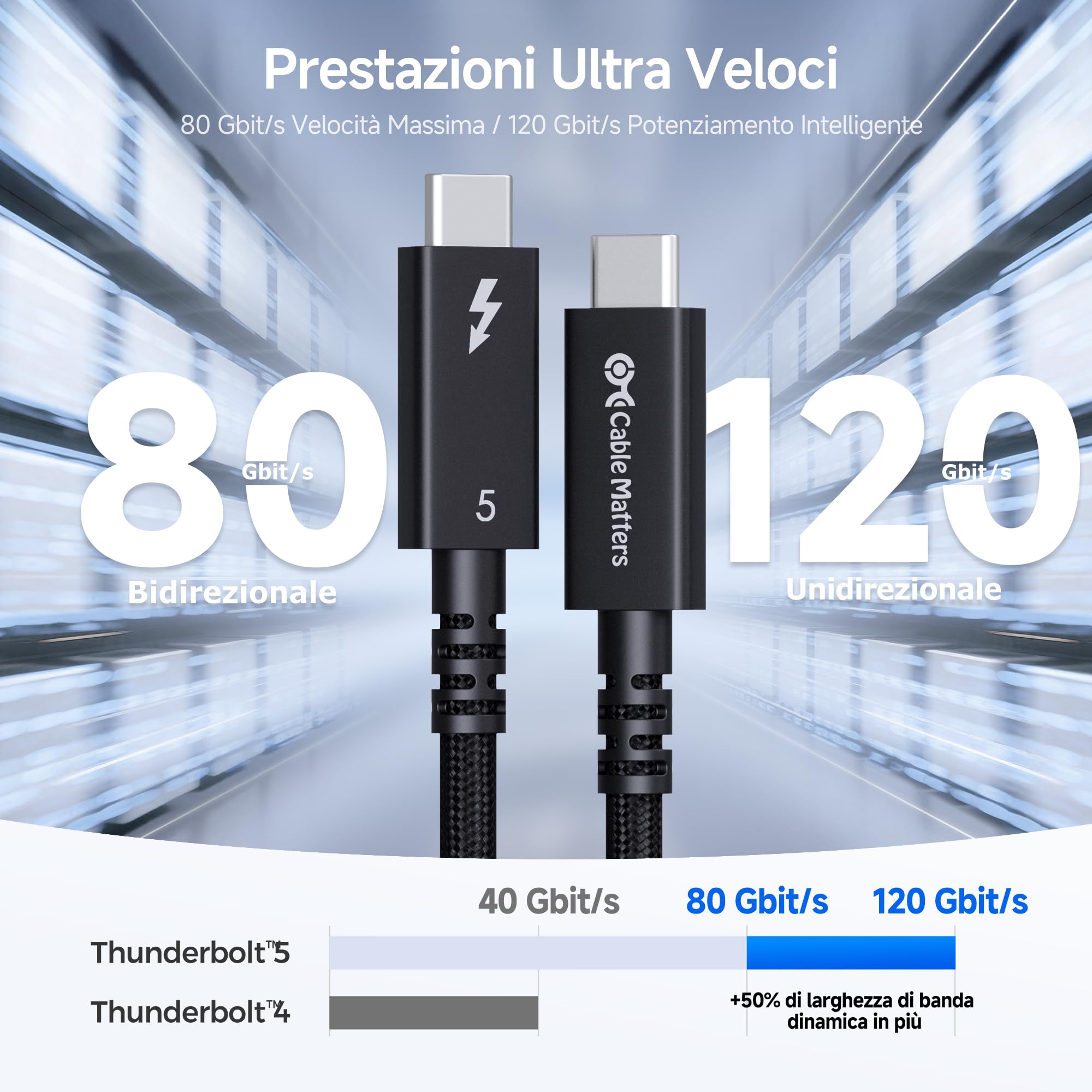 Cable Matters [Certificato Intel] Certificato Intel Cavo Thunderbolt 5,2 m | Doppio 8K / 4K@540Hz video, 240 W ricarica, Fino a a 120 Gbit/s trasferimento dati, Nero, Attivo