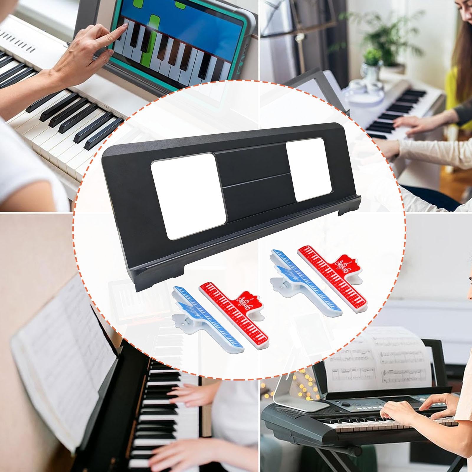 Harilla Support de Partition Piano pour Clavier Électronique Support de Partitions Musicales avec 4 Pinces Porte Livre Accessoire Instrument Convient, Clips Rouges et Bleus