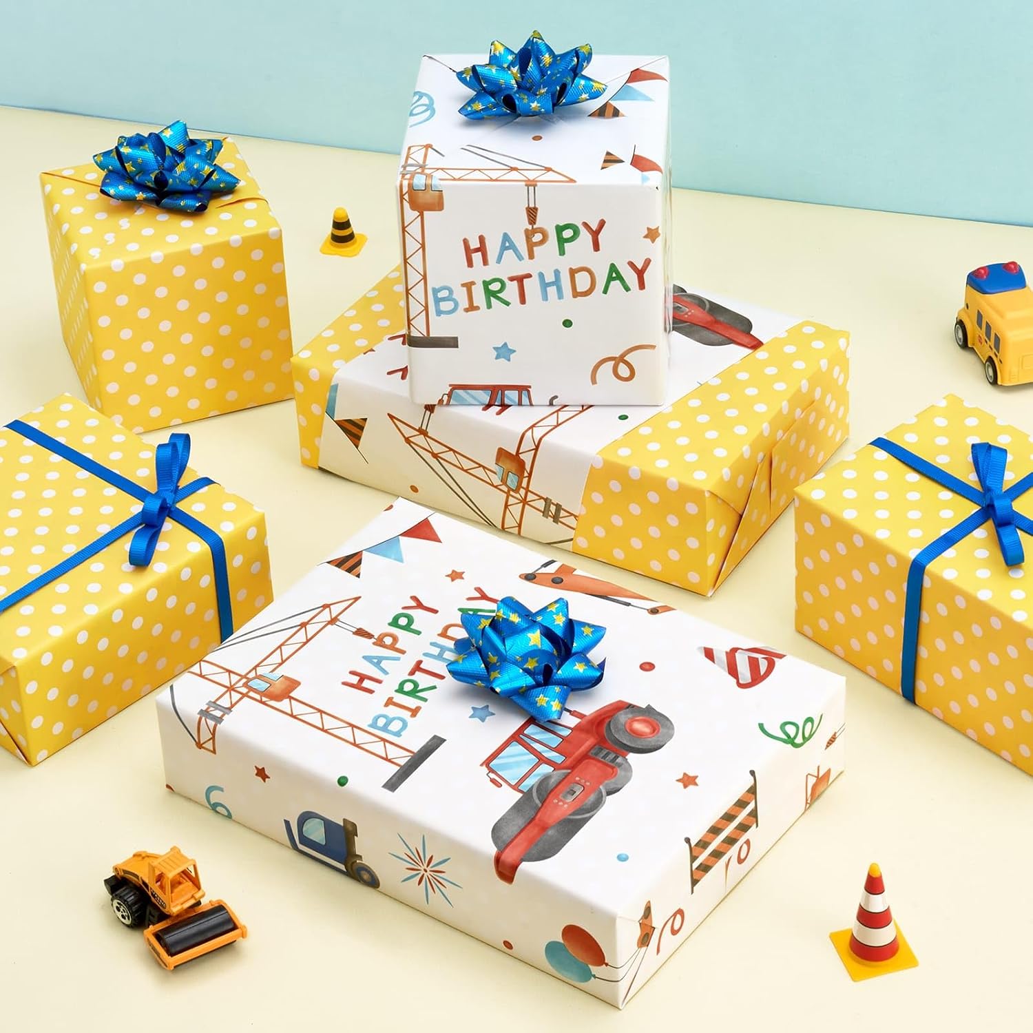 WERNNSAI Construction Ink Wrapping Paper Roll - 1 Roll 17” x 33 ft Truck Tractor Wrapping Paper Yellow Boy Birthday Wrapping Paper Construction Party Favor Gift Wrap, Reversible Polka Dot Design