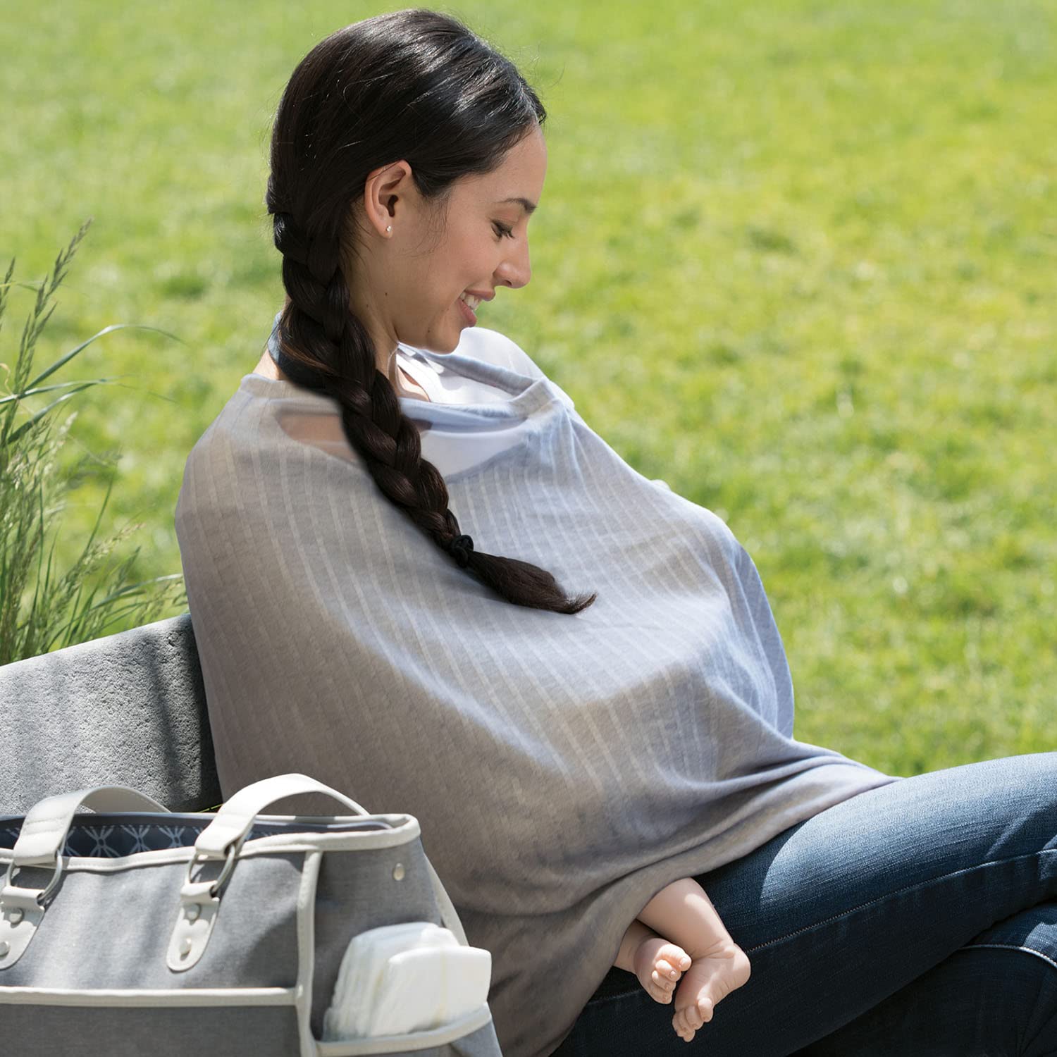Boppy Infinity Sciarpa Allattamento per Bebè, Copertura a 360° per Allattare Ovunque, Tessuto Leggero e Traspirante, Cinturino Regolabile, Pannello in Rete, Grigio