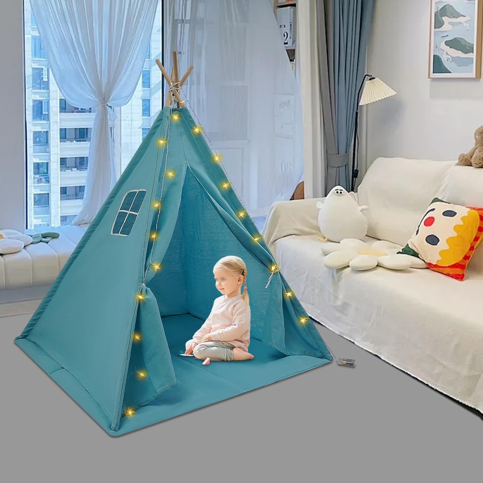 Foldable Kids Tent, Spacious Kids Play Tent with Light and Mat, Kids Teepee Tent for Girls or Boys (Blue)