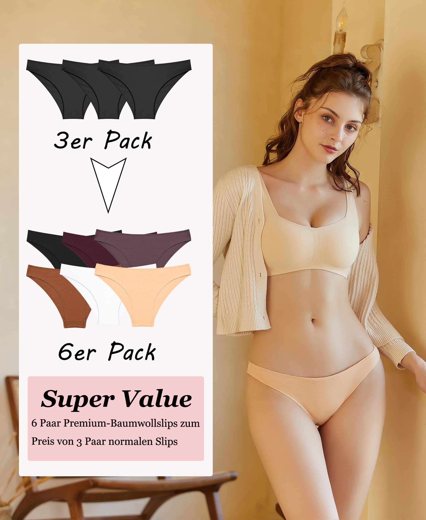 ALL OF ME 6 Pacchetti di Mutande Donna Cotone Intimo Set Mutandine Cotone Scivola Multipack Hipster Traspirante S-XL