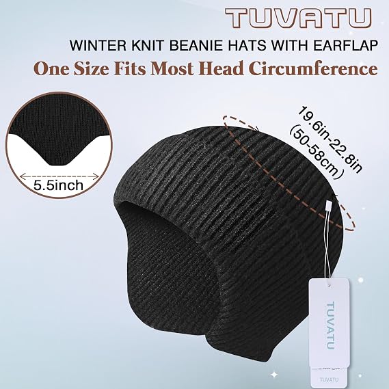 Winter Beanie with Ear Flaps, Warm Knit Hat for Men Women, Knit Cap with Earflaps for Cold Weather