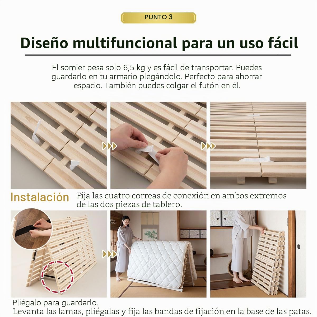 EMOOR Cama Láminas Plegables de Madera Franco-Roll 160 x 200 cm para Futón Japonés (Natural), Paulownia sin Pintar Minimalista Tatami Dormir en Suelo