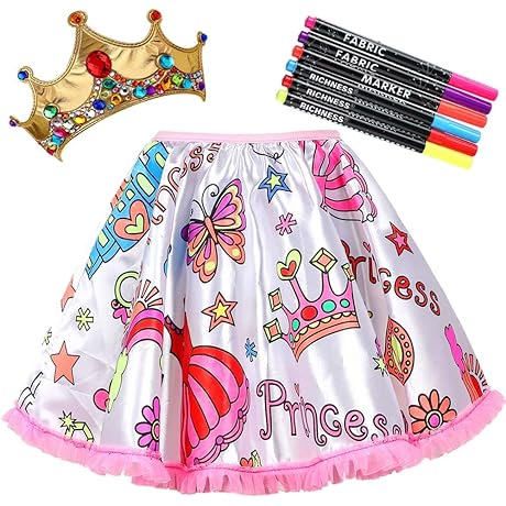 RICHNESS Color Your Own Dress Princess Dress Up Skirt with Fabric Markers and Self-adhesive Jewels
