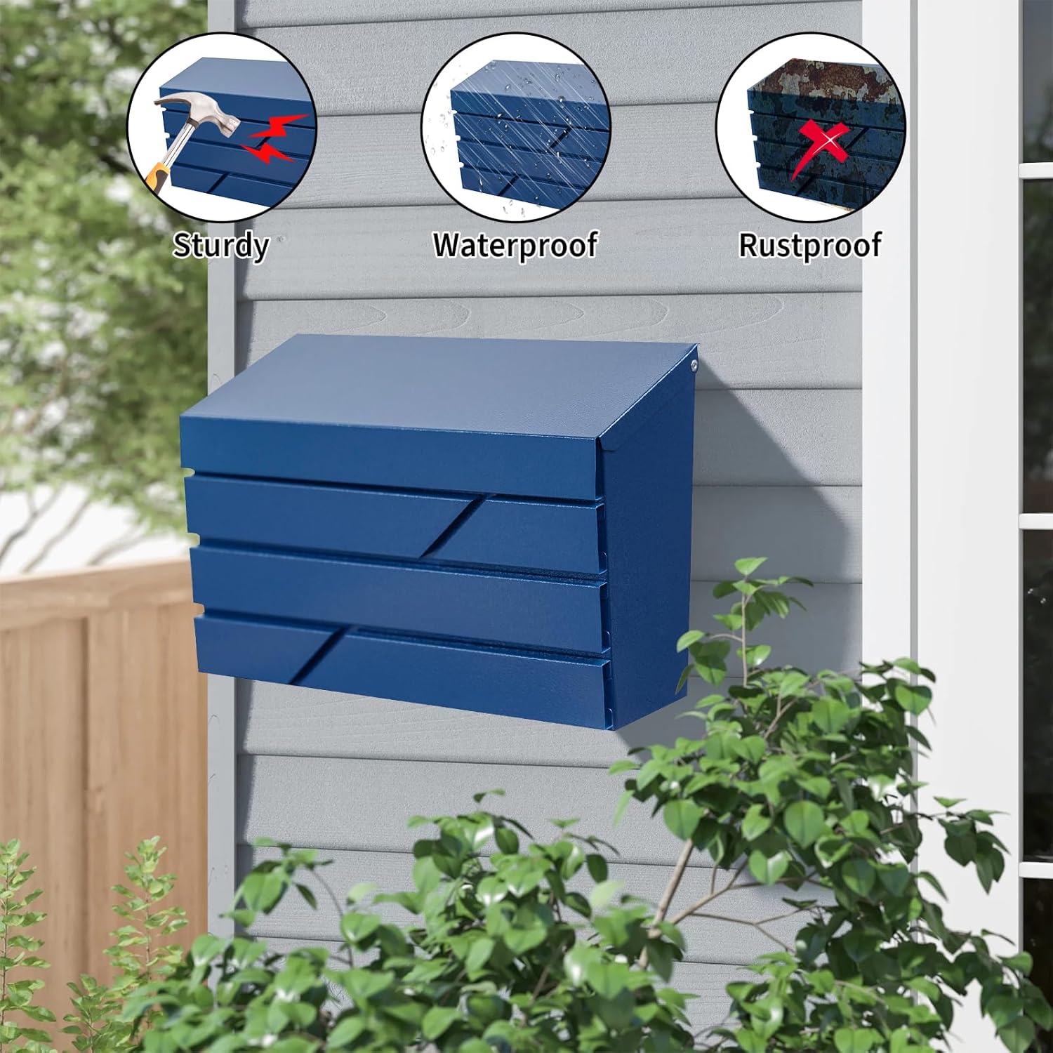 Wall Mount Mailbox for House Outside, Large Capacity Mailbox Drop Box, Galvanized Steel and Rust-Proof Metal Post Box, 15.74"x9.84"x4.33", Blue, MD065