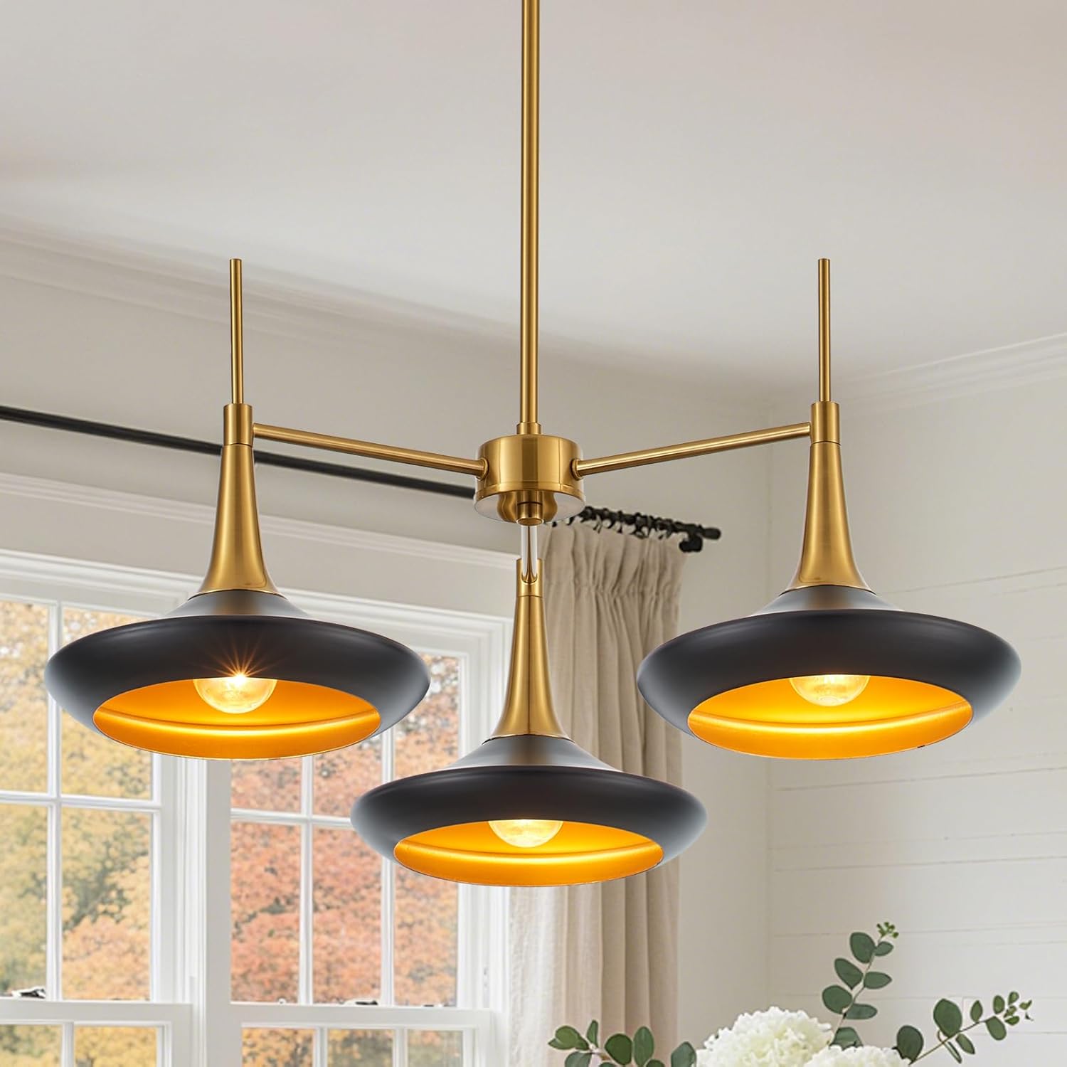 3-Lights Modern Chandelier,Black and Brass Chandelier for Dining Room Living Room,Mid-Century Pendant Light Fixtures,Industrial Hanging Light Fixture,E12