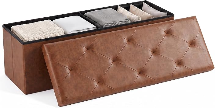 OLIXIS 43 Inch Folding Storage Ottoman Bench, Brown Ottoman with Storage
