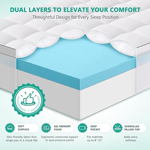 Vista 2 de Dual Layer 4 Inch Memory Foam Mattress Topper Twin Size - 2 Inch Cooling Gel Memory Foam Plus 2 Inch Pillow Top Thick Mattress Pad