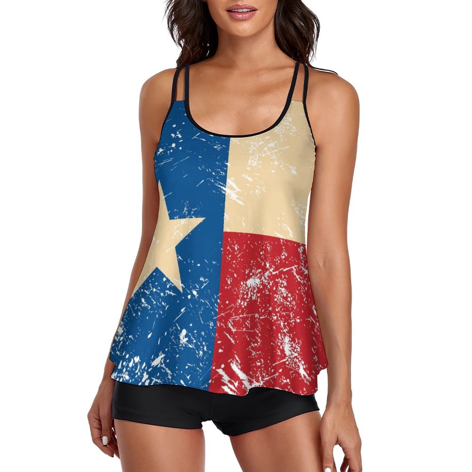 AYUNIXBathing Suits for Women Retro Texas Flag Tummy Control Swimsuits Two Piece Swimwear Tank Top with Boyshorts