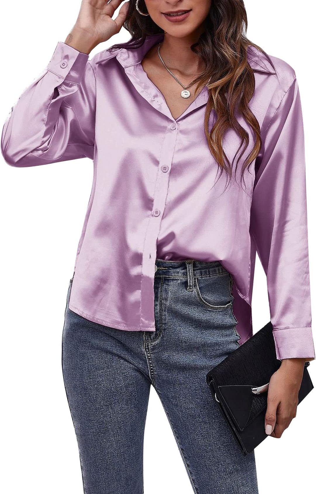 FlygoWomens Silk Shirts Long Sleeve Button Down Office Slim Fit Blouses Casual Business Satin Tops