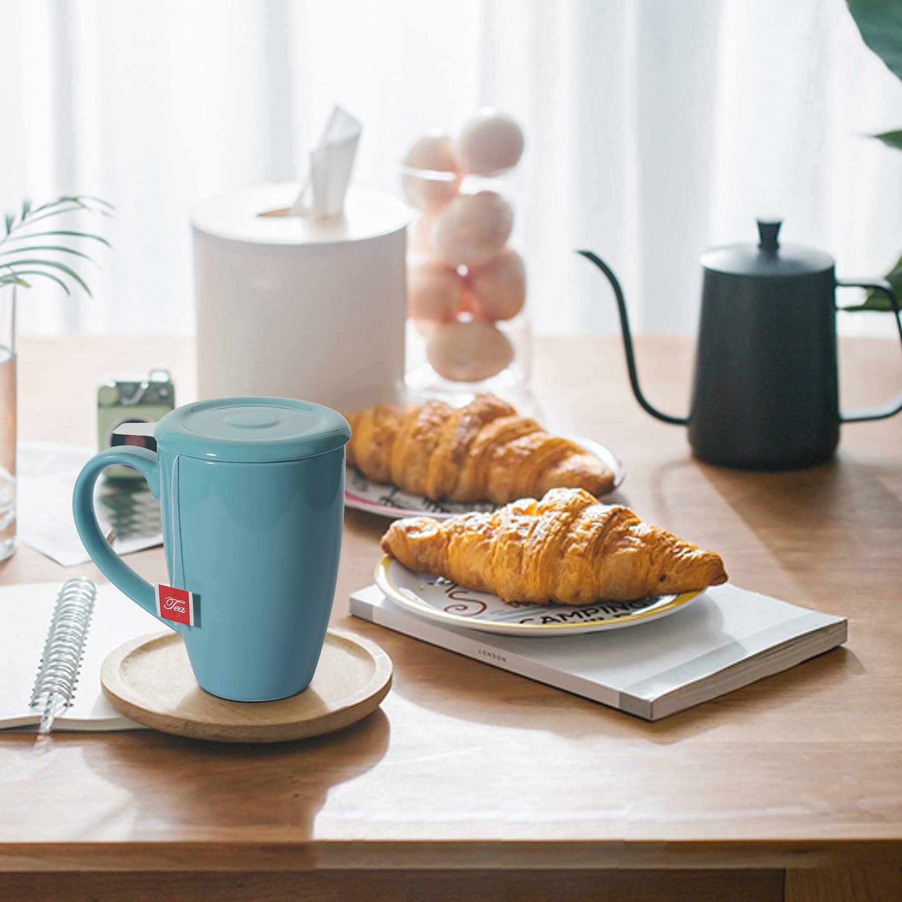 ComSaf Taza de té de cerámica con infusor y tapa, taza de porcelana grande de 16 onzas con filtro de té para hojas sueltas de té/bolsa de té, taza de té para oficina, hogar, azul