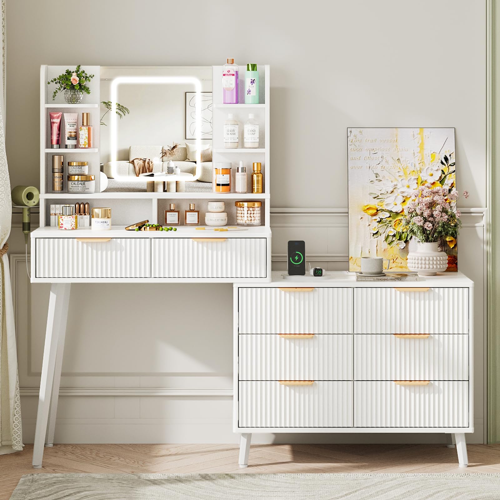 Maupvit Vanity Desk with Mirror and Lights, Makeup Vanity with 8 Drawers & Shelves, Corner Vanity, L Shape Change & Storage, Dressing Table for