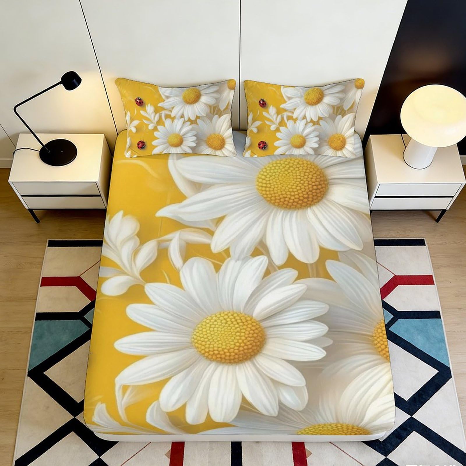 3D Printed Daisy Floral Fitted Sheet Microfiber Soft Yellow Ladybug Mattress Cover for Bedroom Guest Room Decor Protection 160x200x25cm