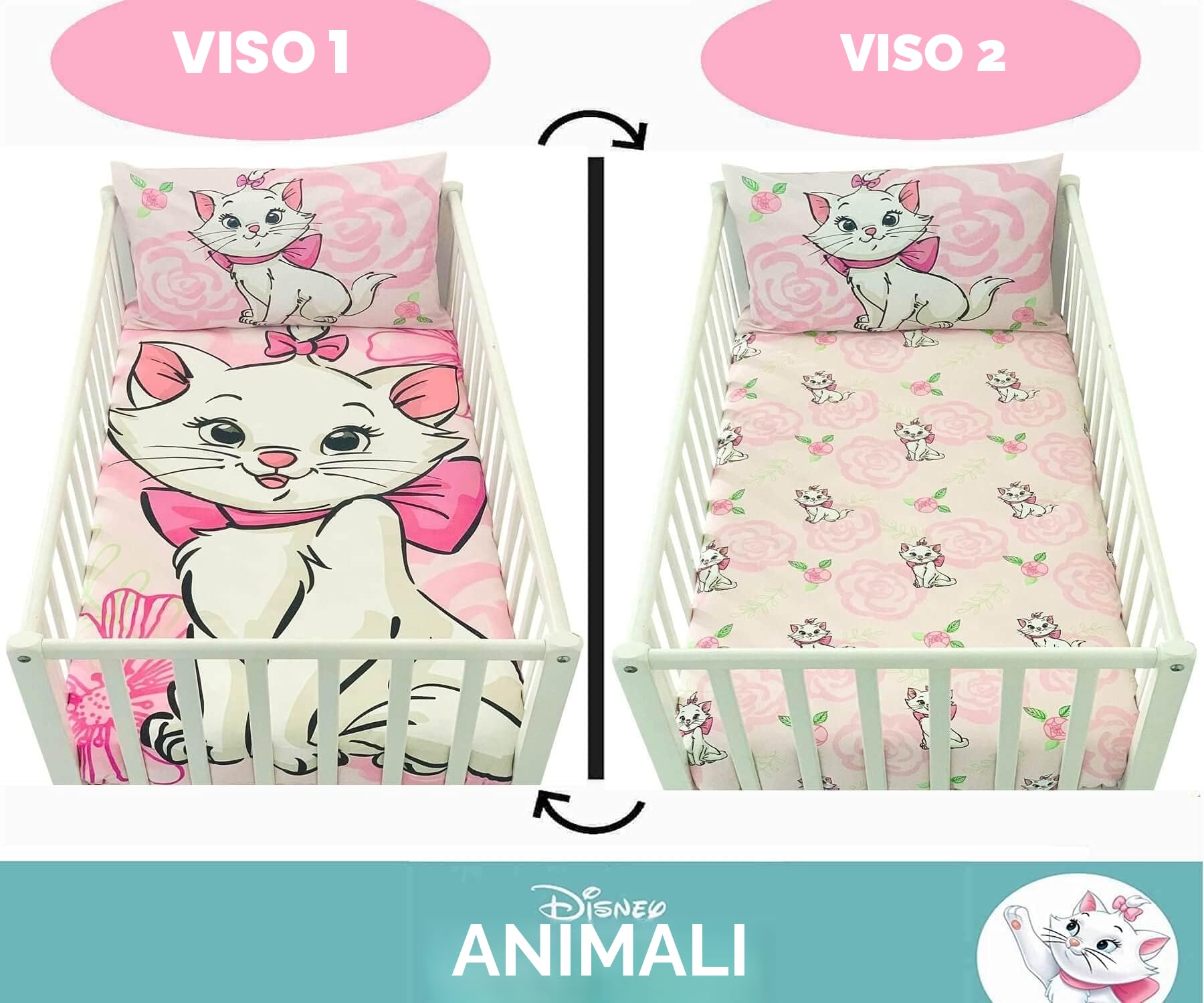 Marie Aristochats - 2 pezzi, Copripiumino Bebe 100 x 135 cm e federa 40 x 60 cm, set copripiumino per letto 60 x 120 o 70 x 140 cm, biancheria da letto Disney per tutti i piccoli