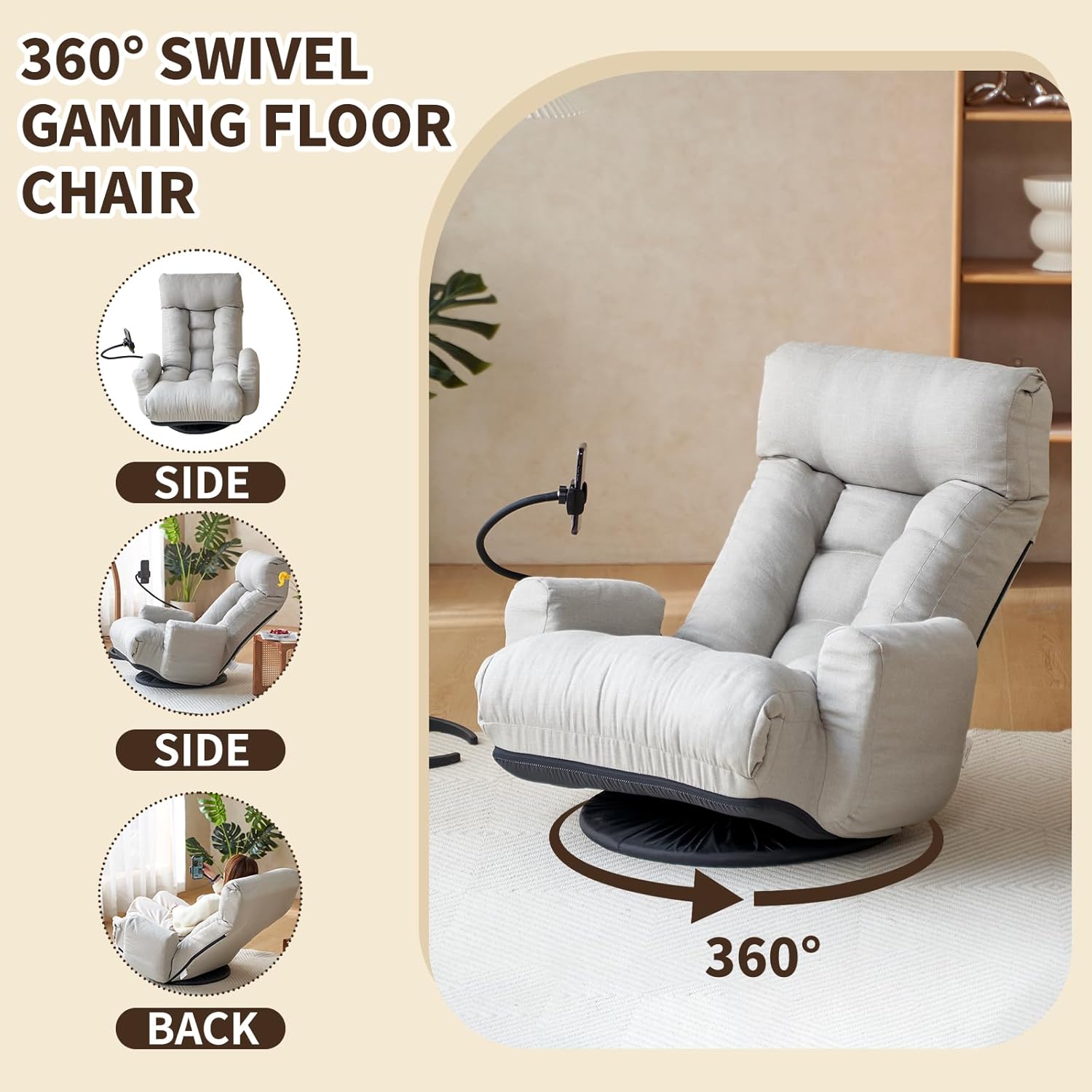 Swivel Lazy Floor Chair, Adjustable Reclining Floor Lounger with Head & Back Support and Phone Holder, Comfy Tatami Sofa Seat for Adults Bedroom & Gaming