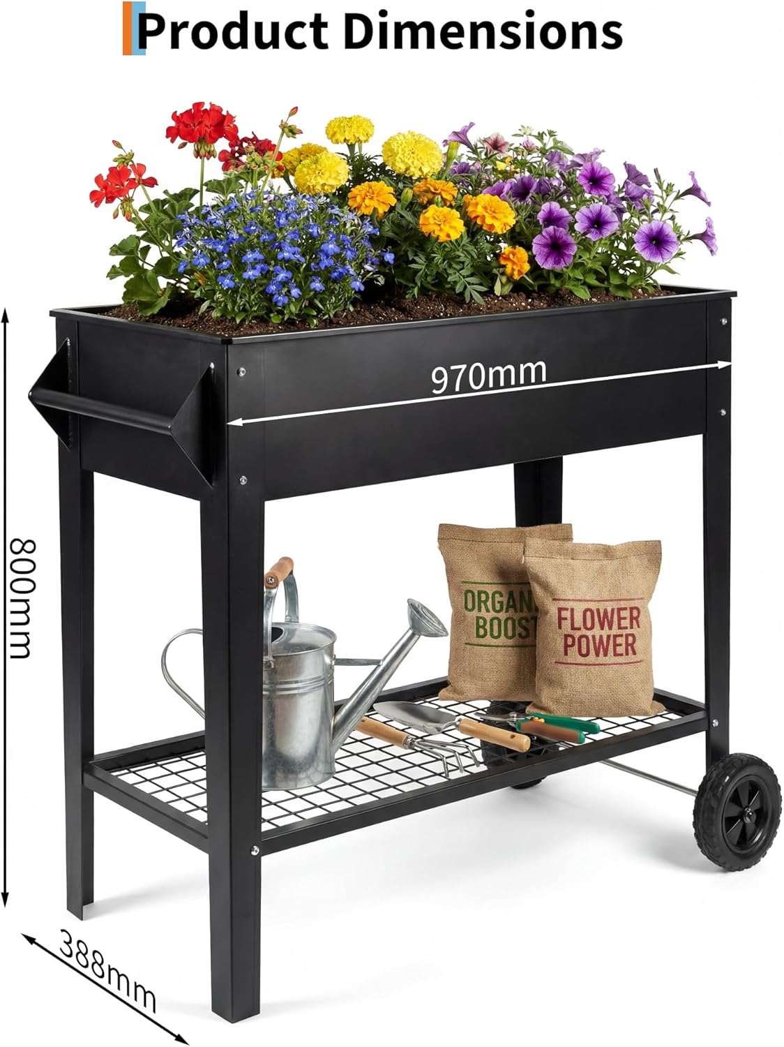 Elevate 39" Raised Garden Bed with Wheels & Storage Shelf, 400 Lbs Capacity, Anti-Rust Steel Planter Box for Vegetables & Herbs, Patio/Balcony/Backyard